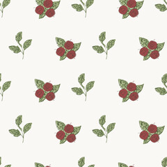 Vector leaf pattern with red berries. Abstract line art seamless background. Backdrop with leaves and fruit on neutral backdrop. Scattered sprigs all over print. Decorative botanical repeat