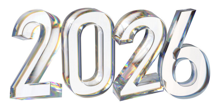 happy new year 2026 glass letter with chromatic aberration refraction dispersion 3d illustration isolated