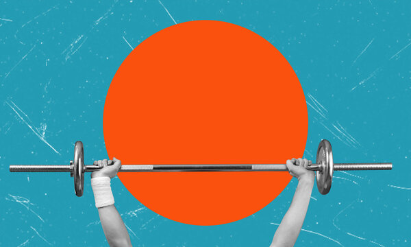 Contemporary art collage of hands holding a barbell.