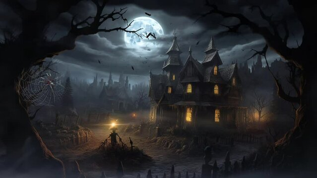 Creepy horror house animation in the forest with fog, bats and full moon. suitable for any horror theme. Seamless looping video background analysis. Generated with AI