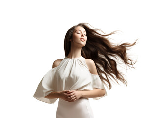 elegant woman with flowing hair in white attire on a minimalist light background