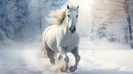 Fototapeta premium A majestic white horse galloping through a snowy winter landscape.
