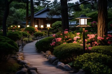a traditional gardenway in Japan at dusk. generative AI