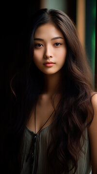 18 years old asianwoman, long hair and green eyes