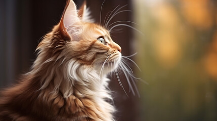 Beautiful Maine Coon cat on blurred background, closeup view