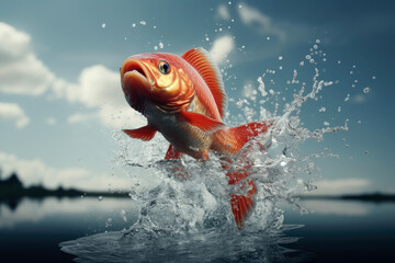 Close up of Fish jumping over the surface water in lake with splashing of water and beautiful sky background, fishing on lake concept.