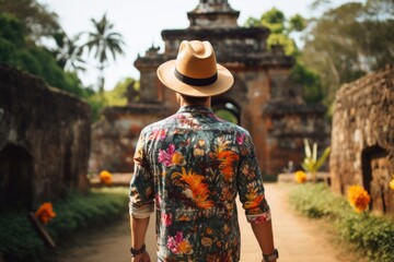 Obraz premium Male tourist wearing hat and backpack on holiday walking through Hindu temple in tropical region