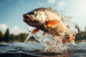 Close up of Fish jumping over the surface water in lake with splashing of water and beautiful sky background, fishing on lake concept. - obrazy, fototapety, plakaty