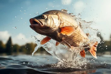 Fotobehang Close up of Fish jumping over the surface water in lake with splashing of water and beautiful sky background, fishing on lake concept. © TANATPON