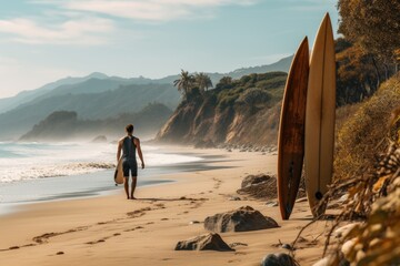 Fototapeta na wymiar Young surfer holding surf board on the tropical beach