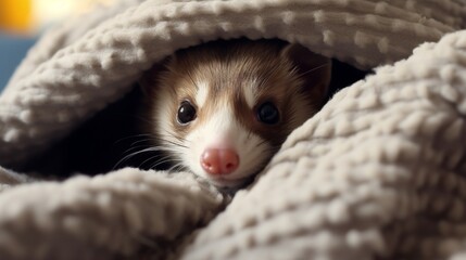 A mischievous ferret peeking out from a cozy blanket fort.