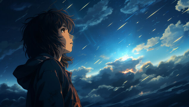 Starry Reverie: Anime Girl Gazing at Meteor Shower