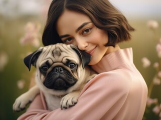 Cheerful young woman hugging her pretty pug dog
