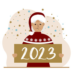 A woman in a red sweater and with a cap holds a sign or poster with the numbers 2023. Postcard or greeting Merry Christmas and Happy New Year.