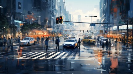 A busy intersection with cars and pedestrians, capturing the dynamic and constant movement of daily...