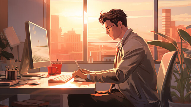 young man with glasses at the computer in the office, he is dressed in a suit and tie, in the window behind him you can see the sunset, all painted style