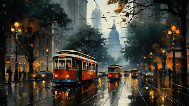 a city street during a light rain, a streetcar line runs in the middle of the street, streetcars and cars go along the street, all in a painted style