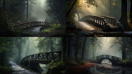 A mist-covered bridge leading into a mysterious forest, with tall trees and fog creating an enchanting and mystical ambiance.