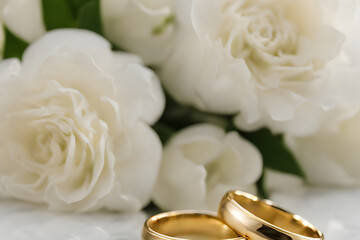 Two gold wedding rings on a light marble table with white flowers. photo created using the Playground AI platform