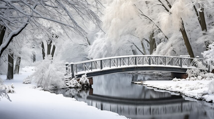Snow-covered bridge in a tranquil winter wonderland