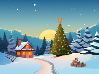 Christmas atmosphere, Christmas tree, winter snow, presents in boxes. Postcard style.