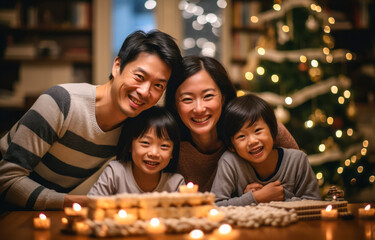 Joyful asian family celebrating with festive candles and lights