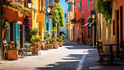 Colorful Mediterranean street with terraces - obrazy, fototapety, plakaty