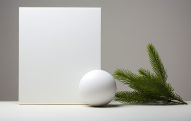 Fototapeta na wymiar Minimalistic composition with white sphere, blank canvas, and pine branch