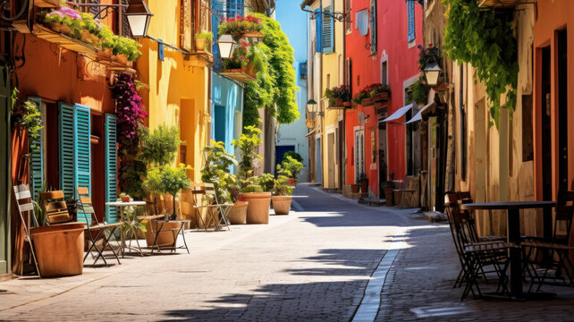 Fototapeta Colorful Mediterranean street with terraces