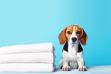 Cute beagle and white towel with blue background