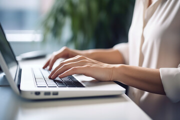 Close-up of a woman's hands typing on a laptop keyboard - obrazy, fototapety, plakaty