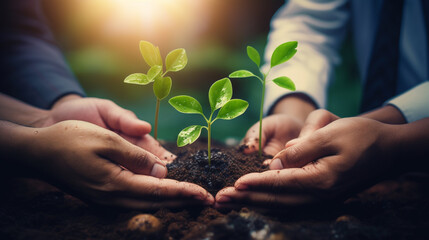 Human hands holding and caring young plant with nature background. 
Hands business Team Work Cupping young Plant Nurture. World Environment day concept.
