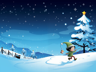 Fototapeta na wymiar Family with gifts and joyful children. New Year's atmosphere, Christmas tree, snow. Postcard style.