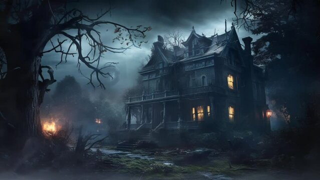 Animation of creepy horror house in the forest. Seamless looping video background animation. Generated with AI