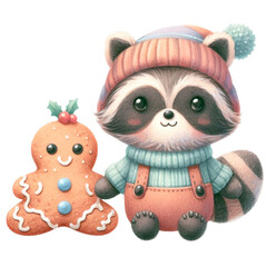 Obraz premium Raccoon Woodland animals Christmas watercolor Clipart png isolated. Cute Raccoon woodland animal gingerbread cookies character clipart