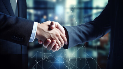 Two businesspeople shaking hands against abstract glowing polygonal background.
Partnership concept. Handshake of businessmen in a suit. Successful negotiating business concept. 
 - obrazy, fototapety, plakaty