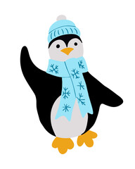Vector flat hand drawn Christmas penguin. Christmas traditional person, Santa Claus friend in blue color clothing in kids cartoon style. Good for Christmas decoration, stickers, pattern