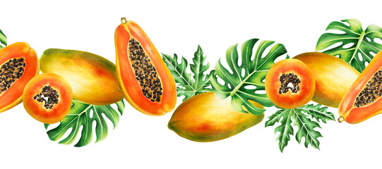 Marker seamless border with sweet ripe slice of papaya with grains, tropical leafs, monstera in watercolor style. Hand drawn realistic tasty organic illustration of exotic tropical fruit isolated on