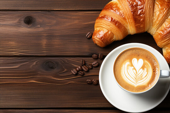 Top view coffee and croissant on wooden background