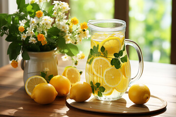 Lemonade in jug on wooden table with garden background - obrazy, fototapety, plakaty
