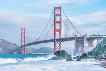 Beautiful view of the Golden Gate Bridge in San Francisco, pastel colors. Concept, travel, world attractions
