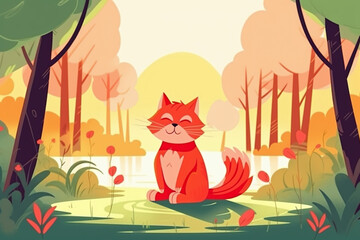 Illustration of a cartoon ginger cat sitting on the lawn in a park near a lake enjoying the spring sun