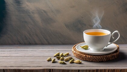 Cardamom and cinnamon herbal tea, wooden background, copy space for tex