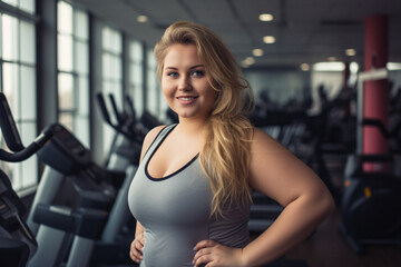Fototapeta na wymiar Beautiful curvy girl in the gym. The girl brings her body back to normal with the help of training in the gym.