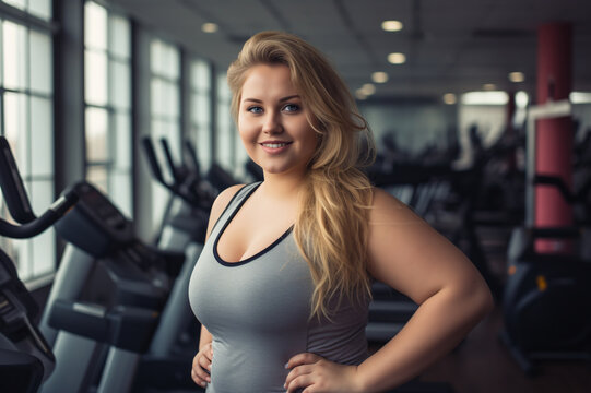 Beautiful curvy girl in the gym. The girl brings her body back to normal with the help of training in the gym.