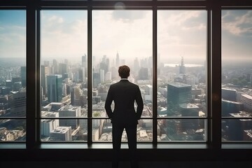A successful businessman in a suit looks out the window at the cityscape from an office in a skyscraper, back view. AI generative
