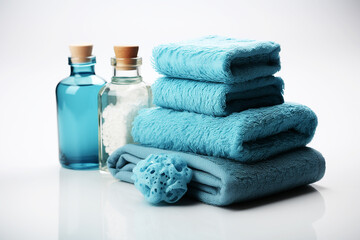 Fototapeta na wymiar Soap and towels isolated on white background