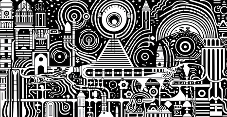 Generative AI, surreal black and white background, abstract optical illusion, trippy psychedelic vintage mid century modern geometric pattern