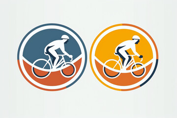 Two cyclists in motion, depicted in colorful circular badges