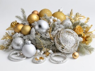 Golden and silver Christmas balls near pine branches, reflecting on a shiny white surface.

